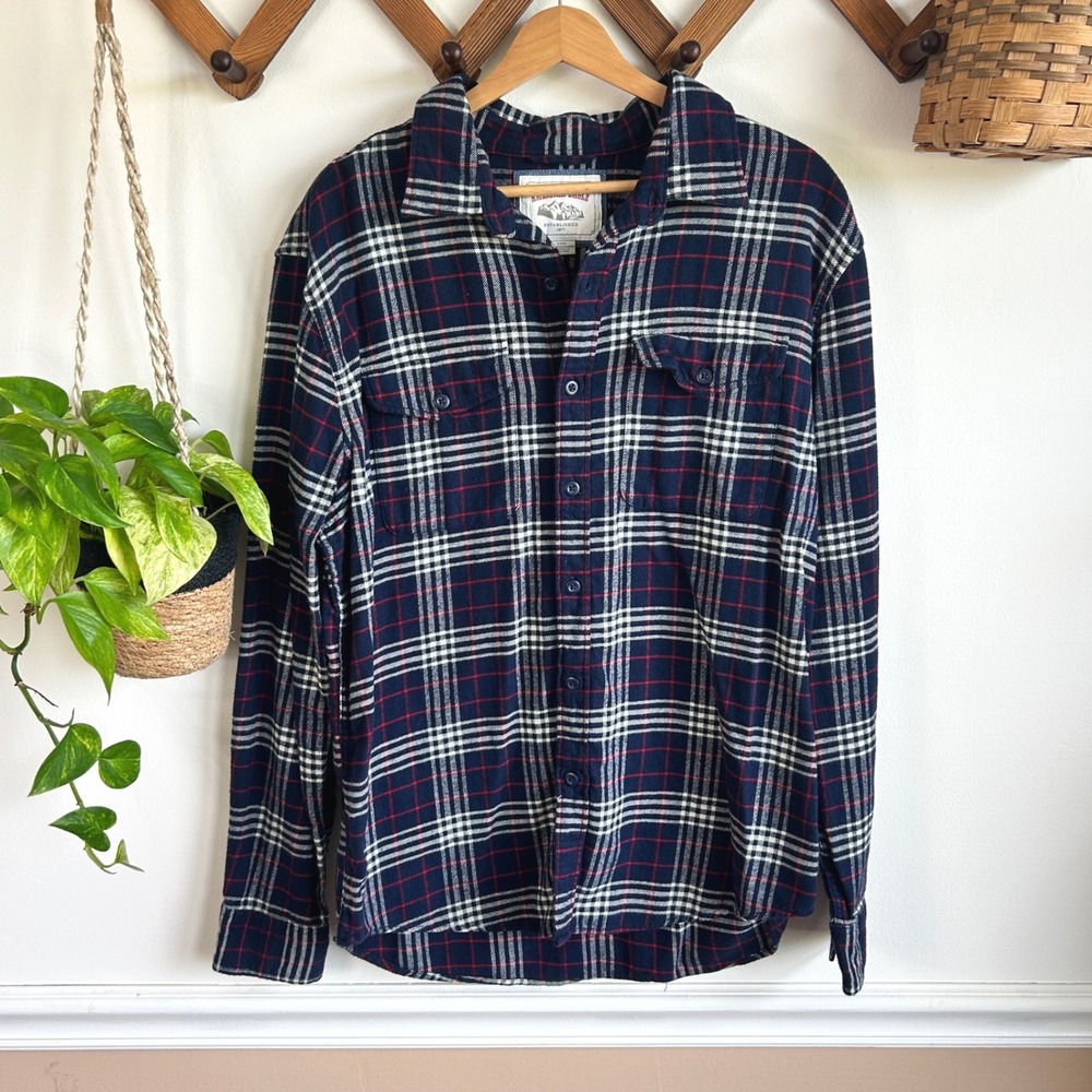 American Eagle Mens Navy Blue Red White Plaid Cotton Flannel Shirt Large Fall